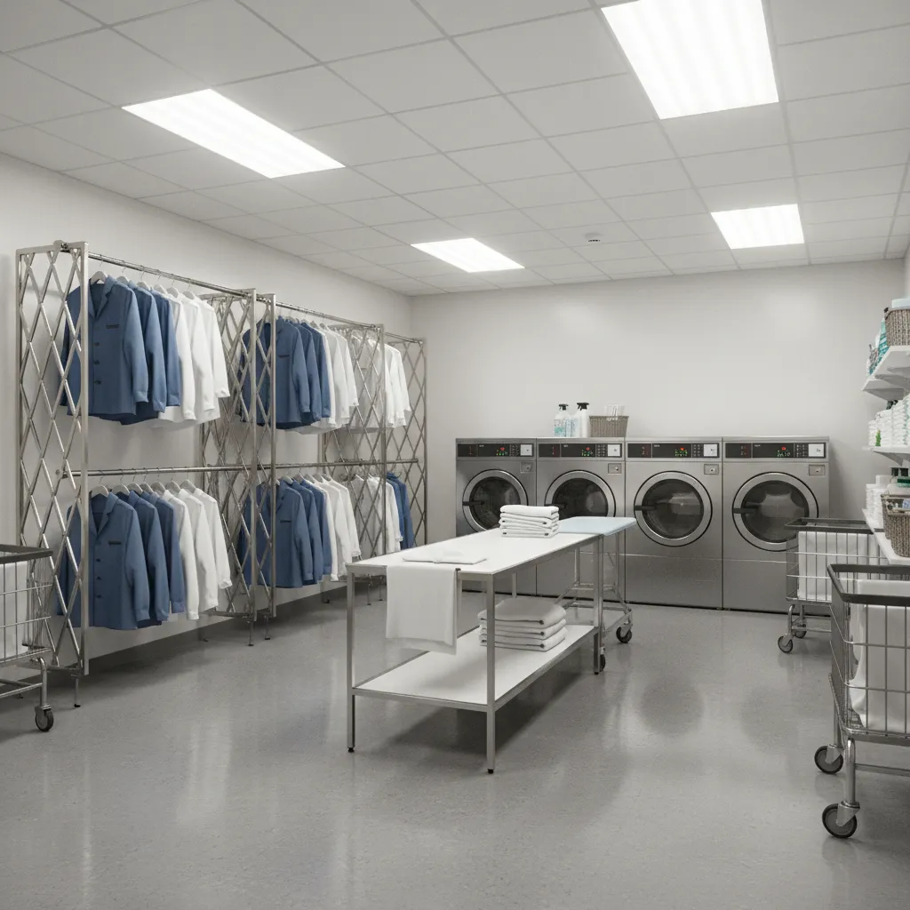 Hotel back of house laundry room with commercial accordion drying racks for staff uniforms