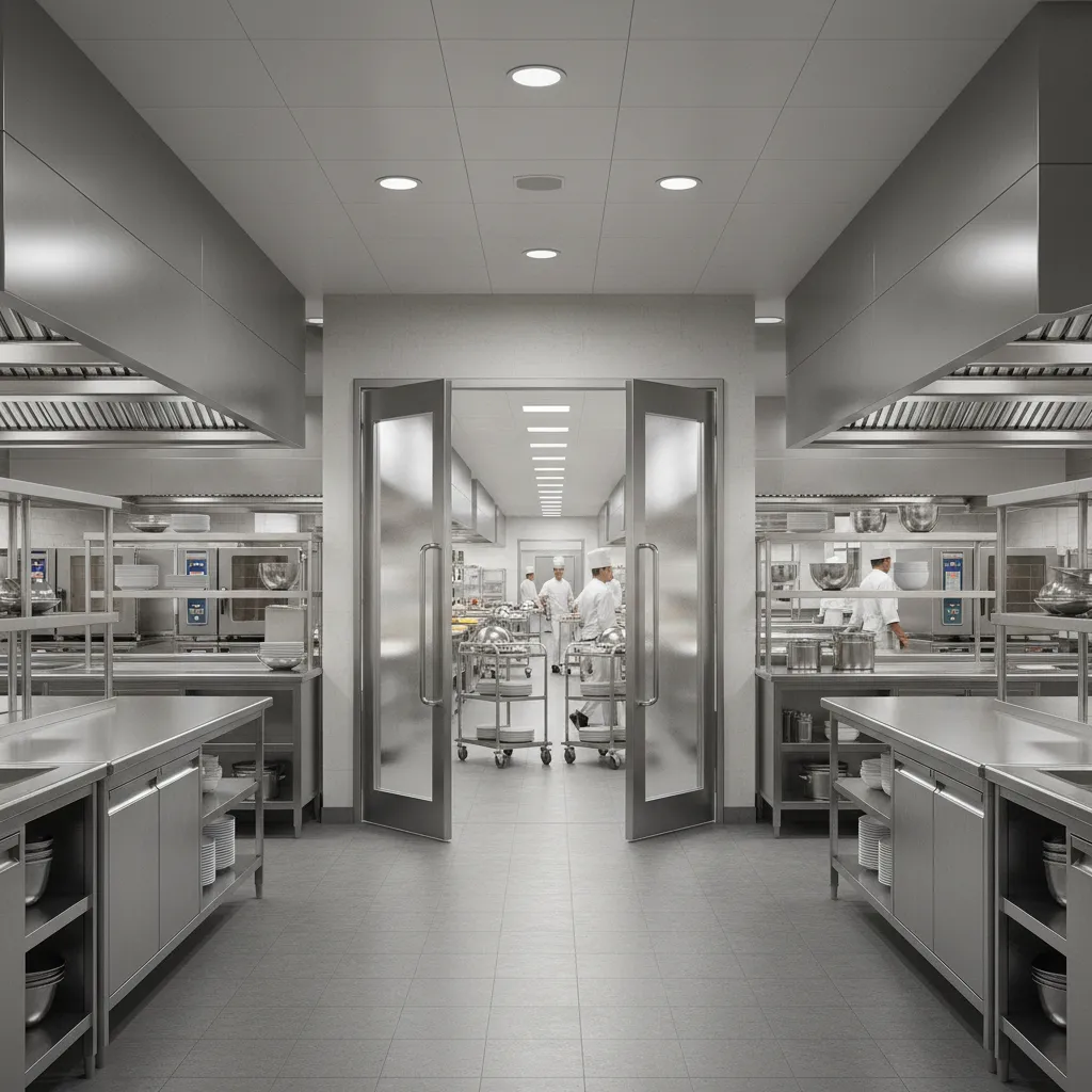 Hotel banquet kitchen with wide doors allowing service carts to pass through