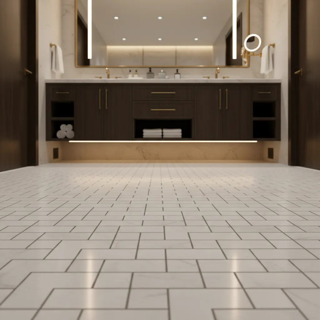 Hotel bathroom floor showing classic marble basket weave tile pattern layout