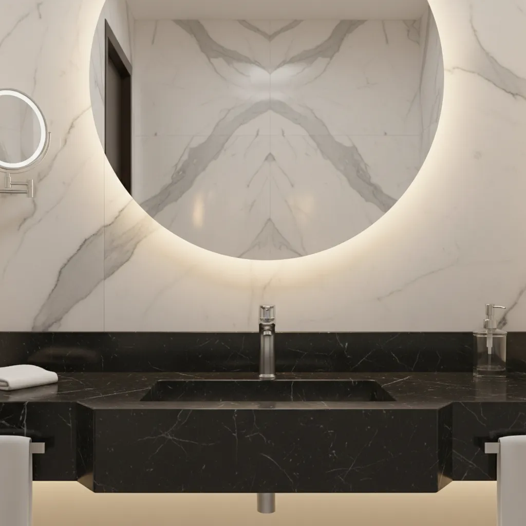 Black granite hotel bathroom countertop with modern sink and lighting