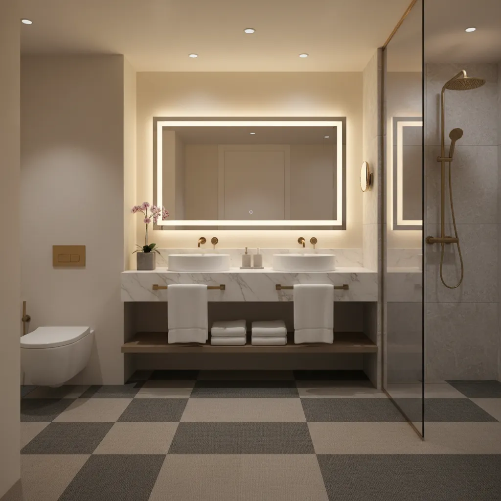 Hotel bathroom vanity area with low pile carpet tiles separated from wet shower zone