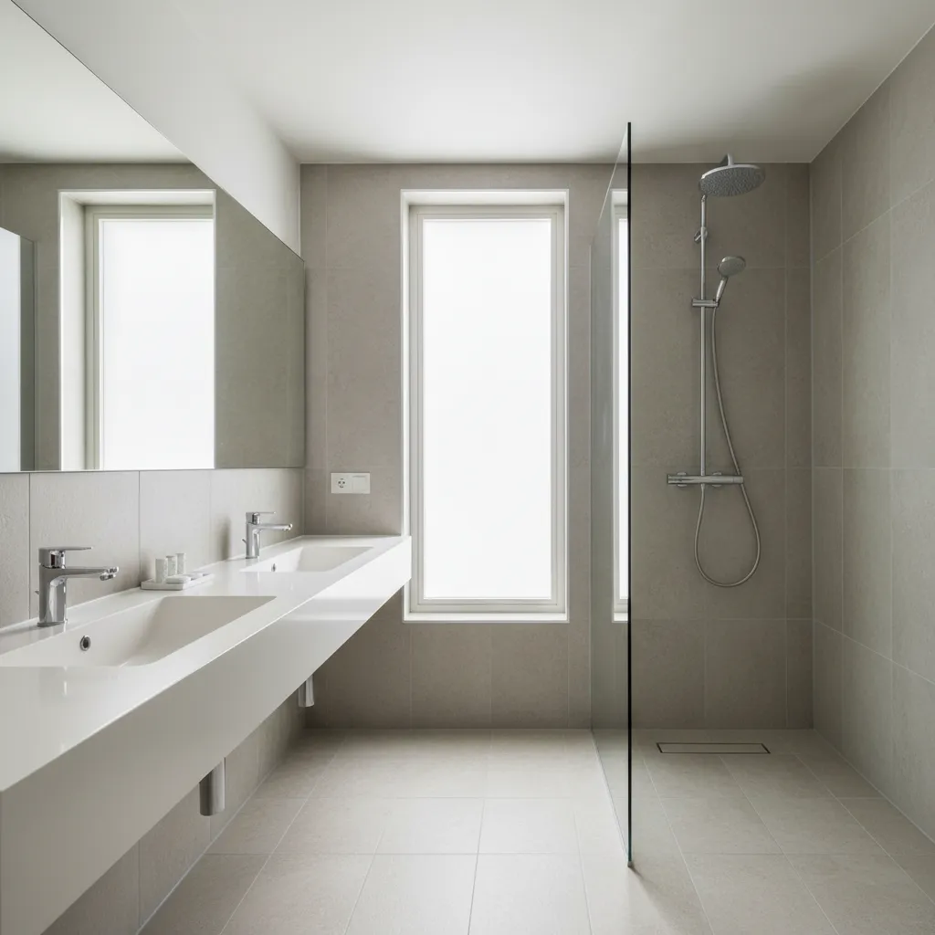 Clean modern bathroom interior showing sanitary sink and shower area