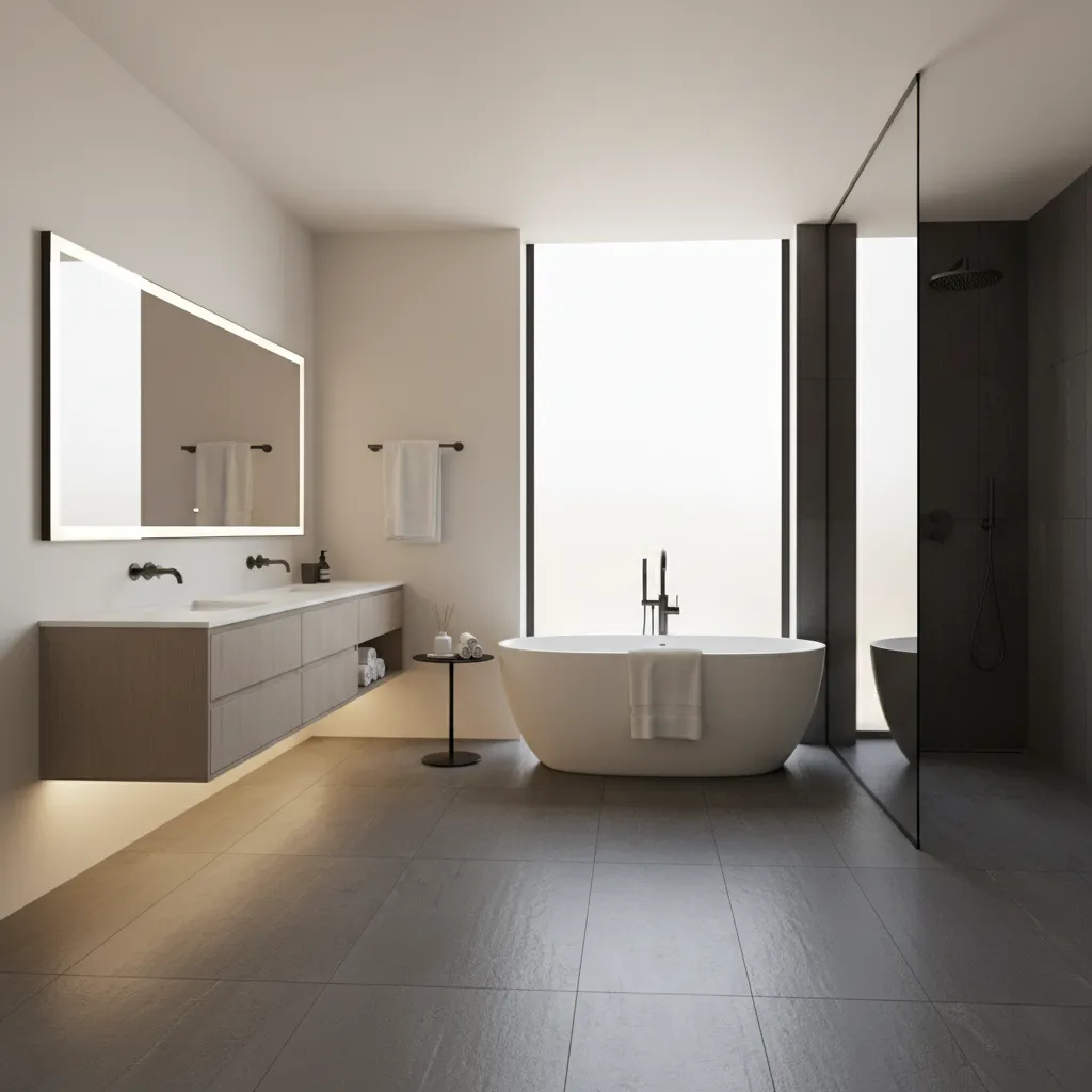 How Hotels Use Dark Floor and Light Wall Bathroom Design