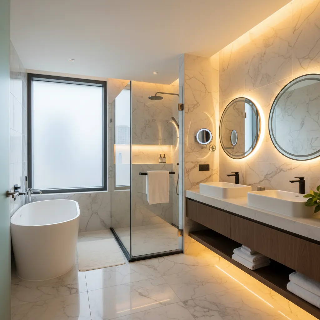Modern marble bathroom with double sinks round mirrors bathtub glass shower and warm shelf lighting