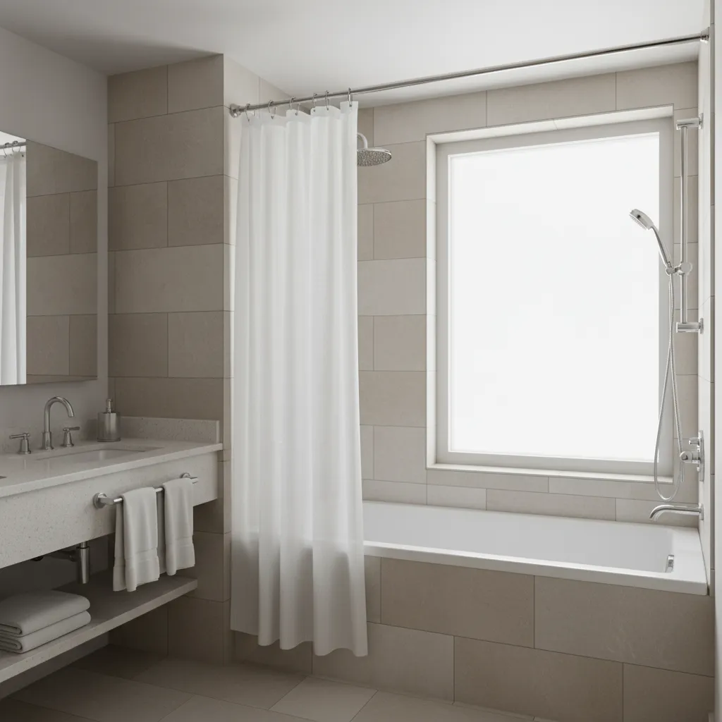 Hotel bathroom with layered double shower curtains and clean tile shower