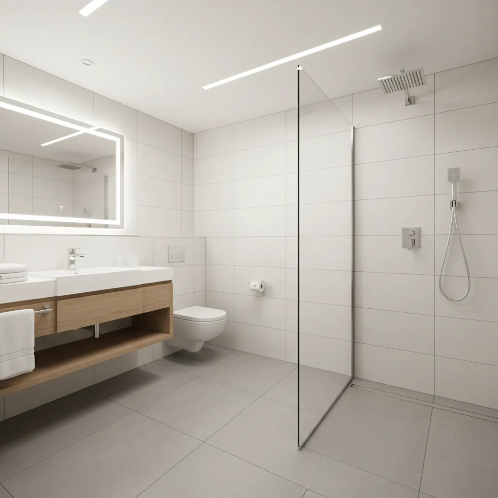hotel bathroom with visible floor drain and tiled shower area