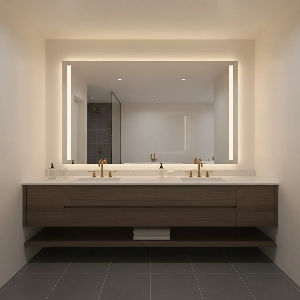 Hotel bathroom vanity with large mirror and vertical lighting