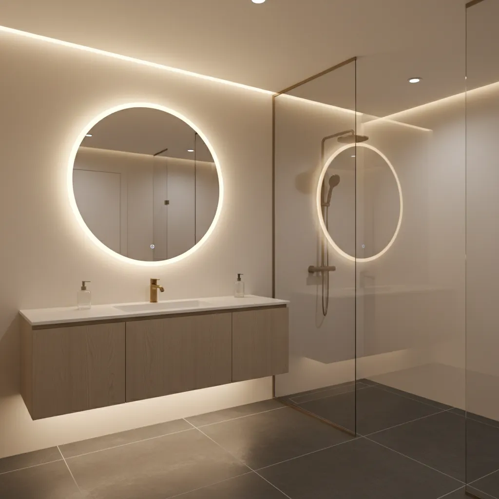 Hotel bathroom interior showing light walls reflecting mirror lighting