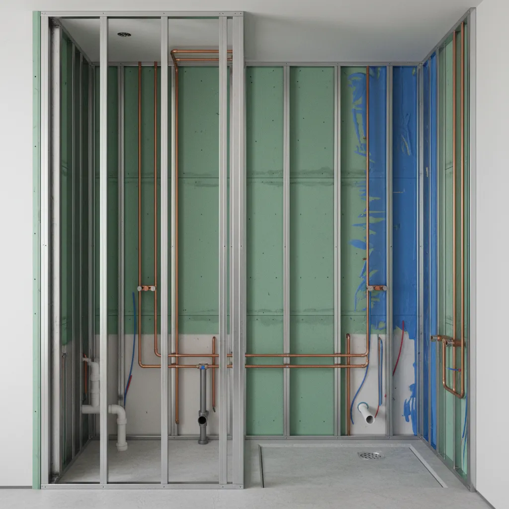 Hotel bathroom wall structure using waterproof gypsum board behind tiles