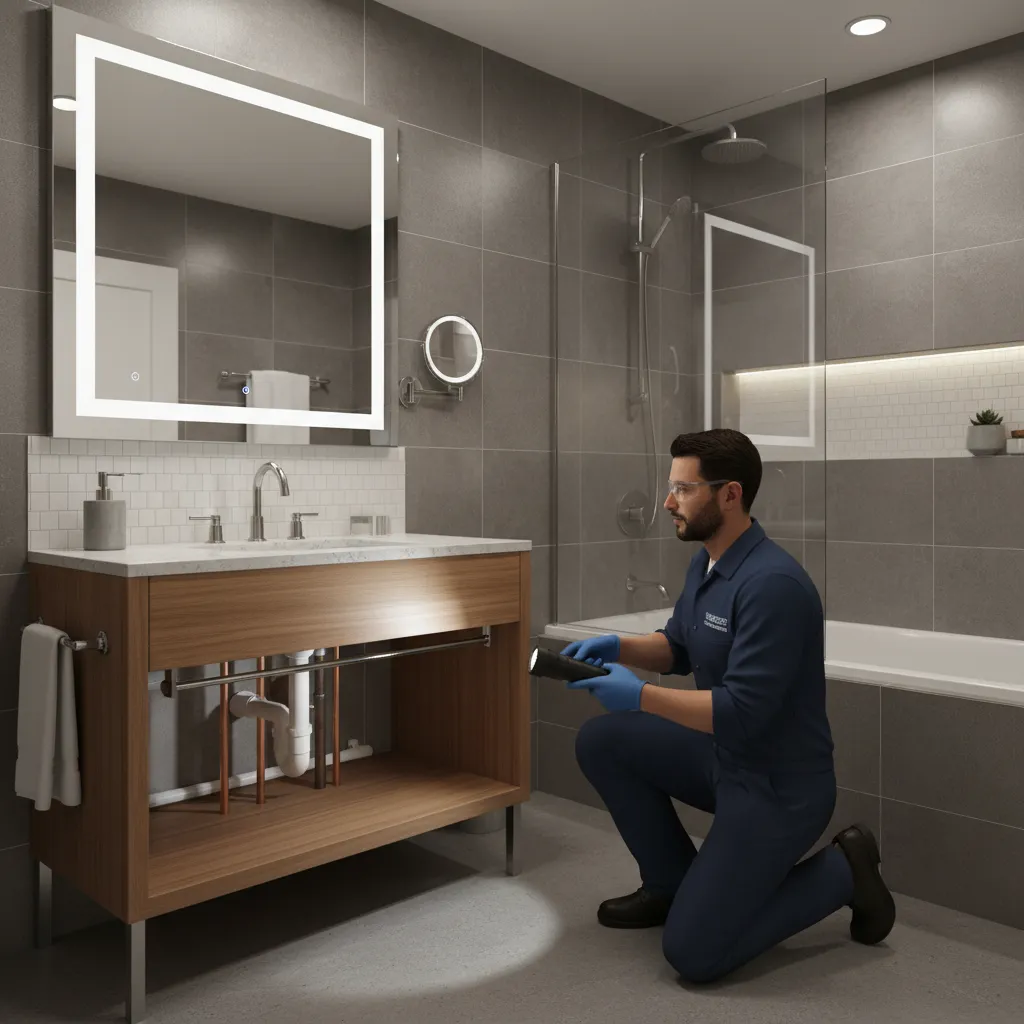 technician inspecting plumbing behind bathroom sink in hotel room
