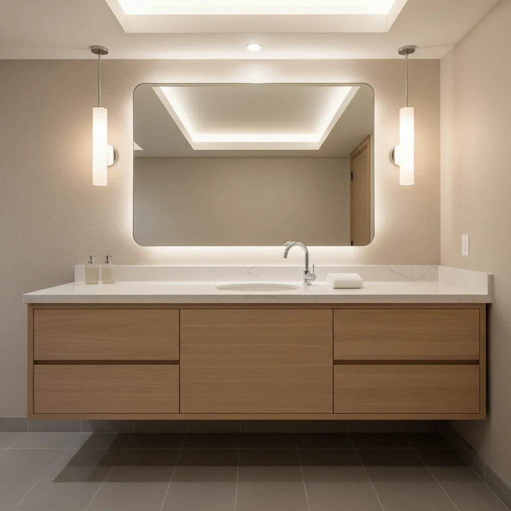 Quartz countertop with undermount bathroom sink in hotel design