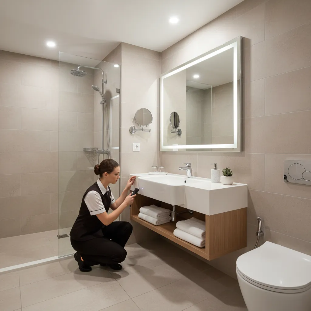 hotel housekeeping staff inspecting bathroom cleanliness and pest risk areas