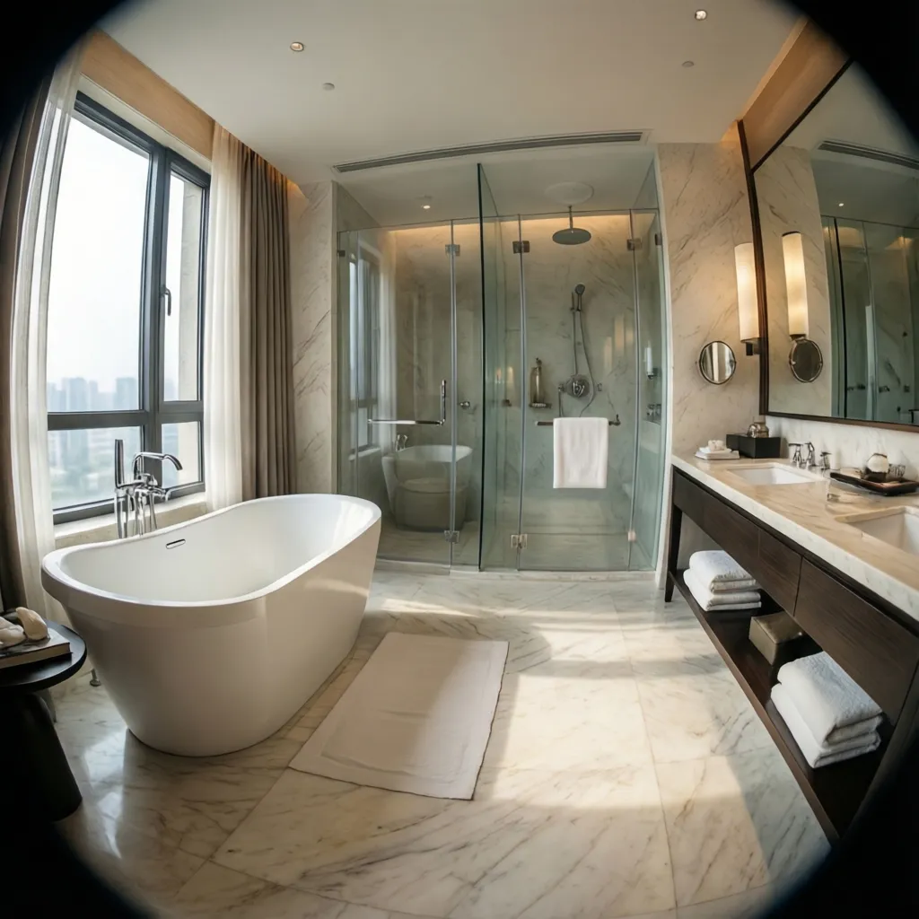 Luxury hotel bathroom layout with tub shower and open circulation space