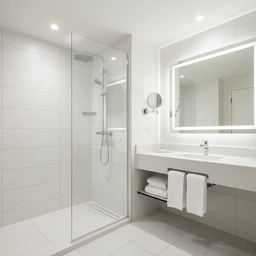 spotless hotel bathroom tile walls and floors showing professional cleaning results