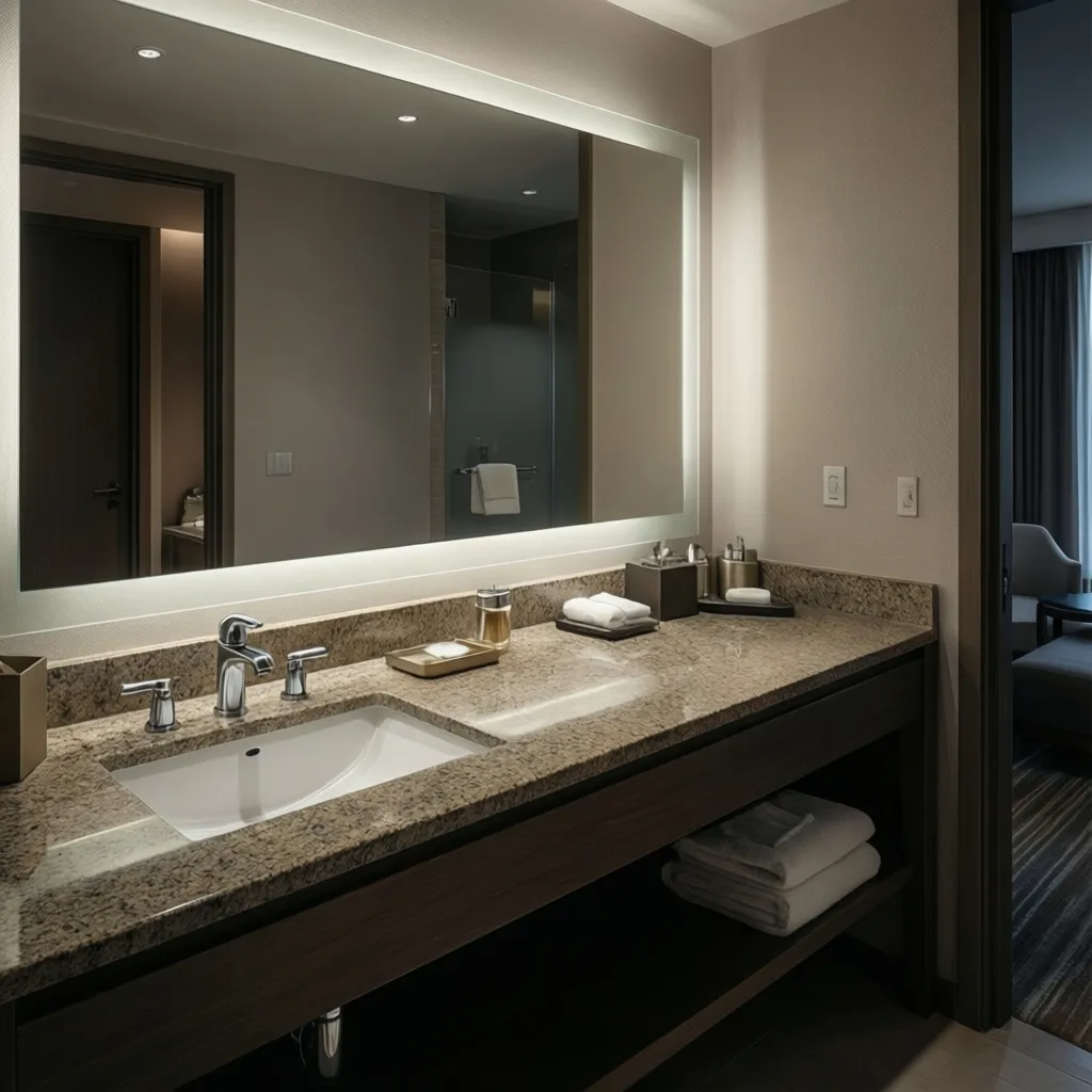 Hotel bathroom vanity with undermount sink and quartz countertop