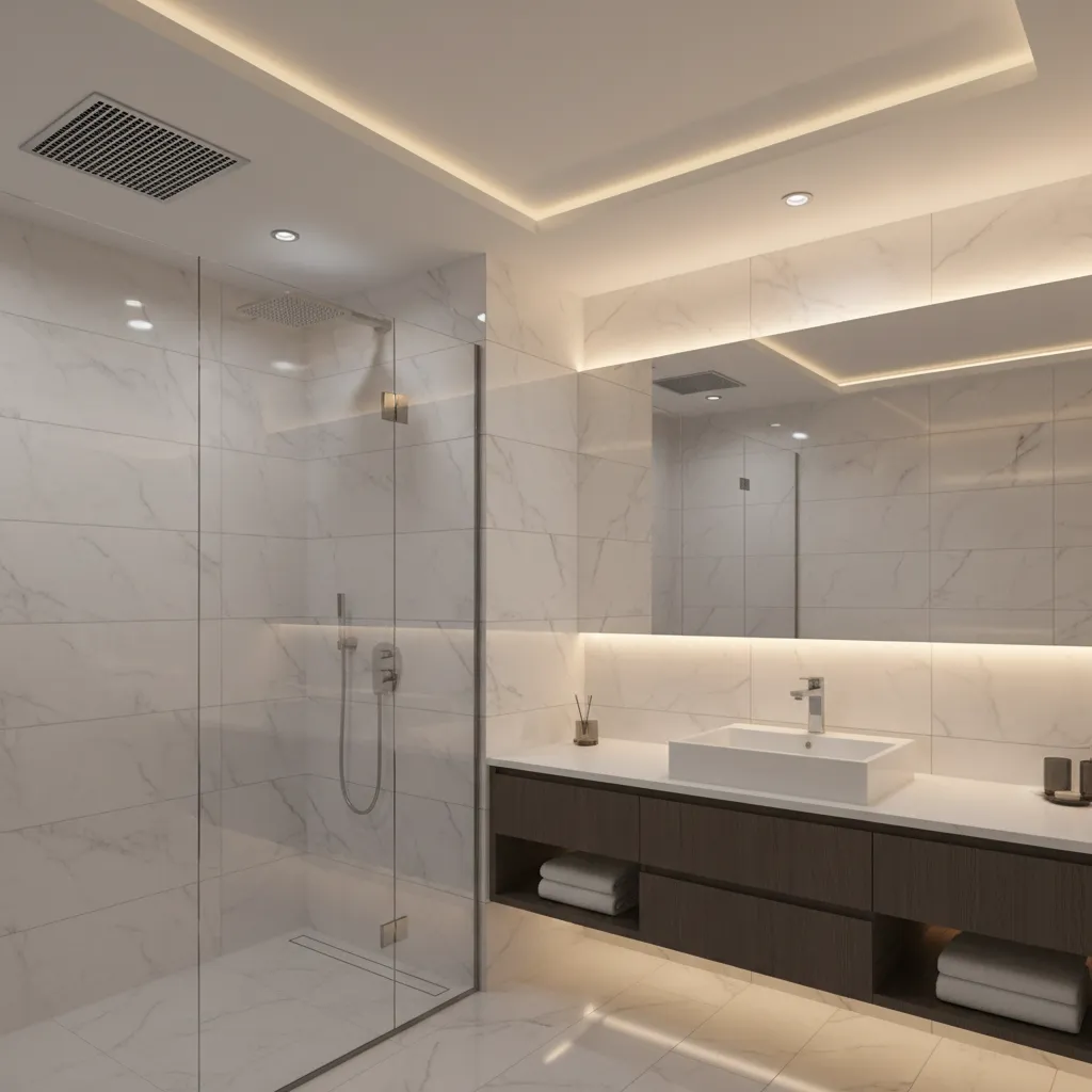 Modern hotel bathroom interior showing ceiling exhaust vent and ventilation design