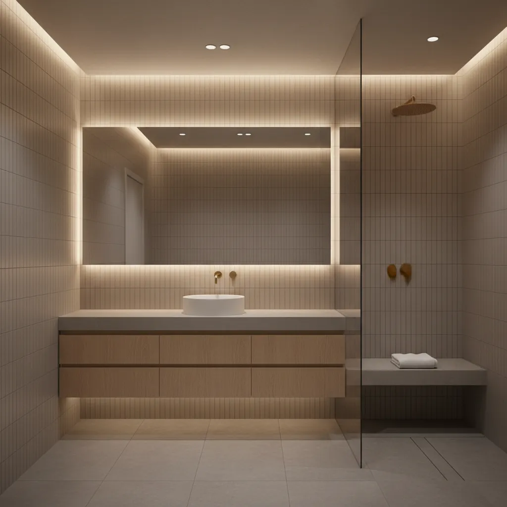Boutique hotel bathroom with vertical stacked wall tile layout and minimalist vanity