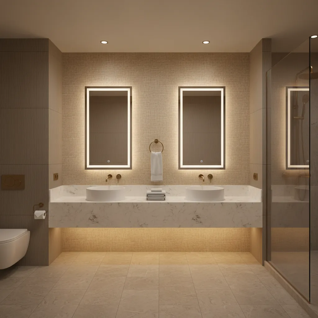 Hotel bathroom vanity wall with commercial vinyl wallpaper