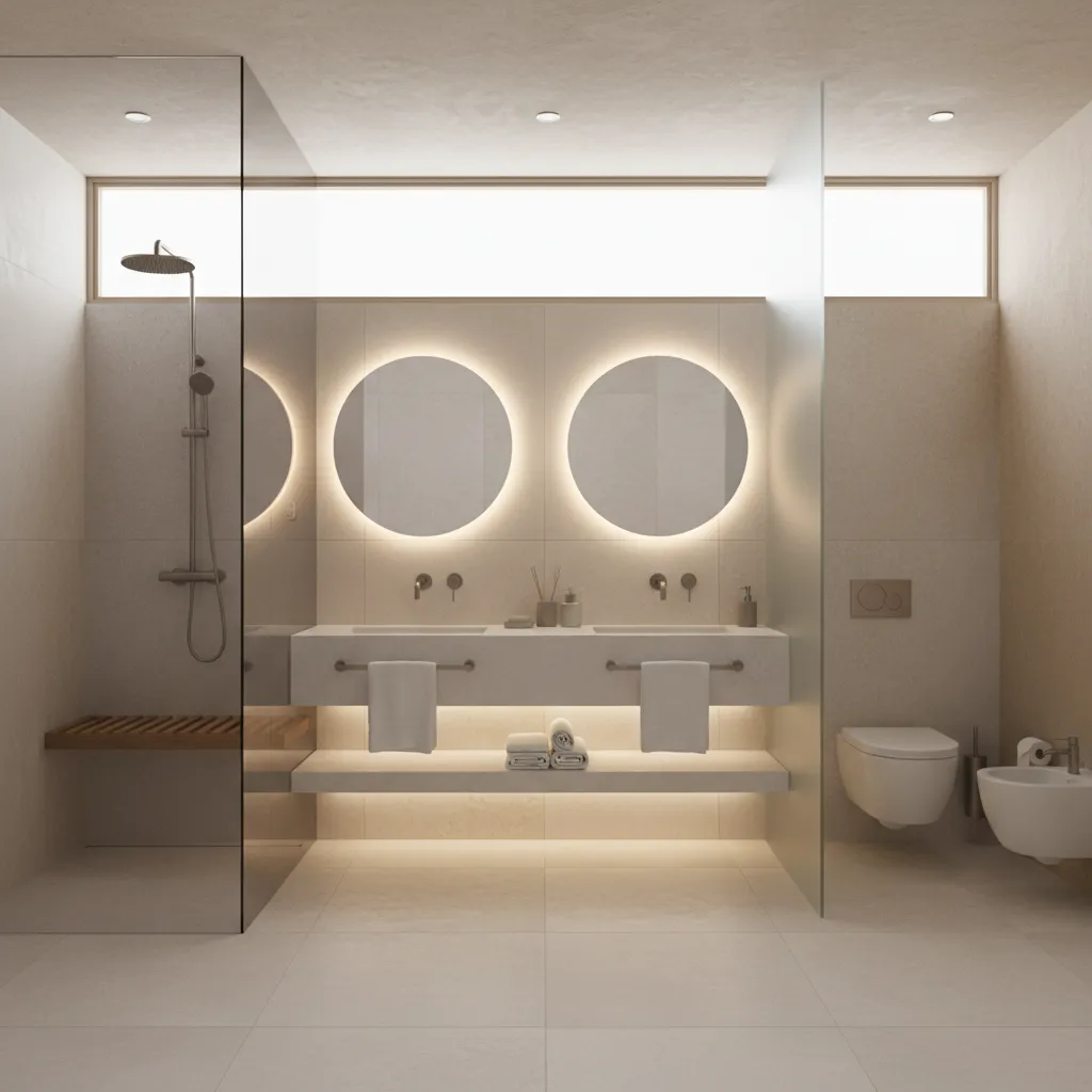 Hotel bathroom layout showing shower vanity and toilet zones