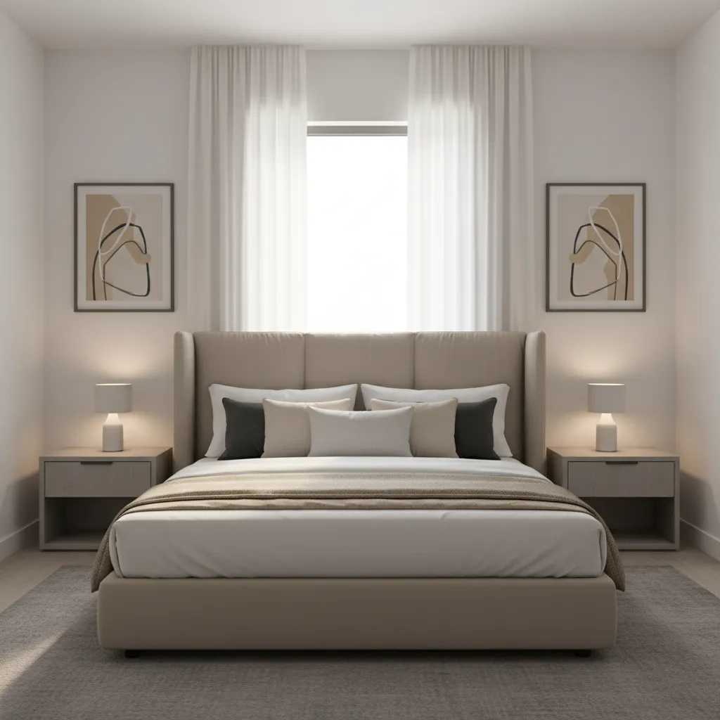 minimal hotel style bedroom layout with neutral palette and clean furniture arrangement
