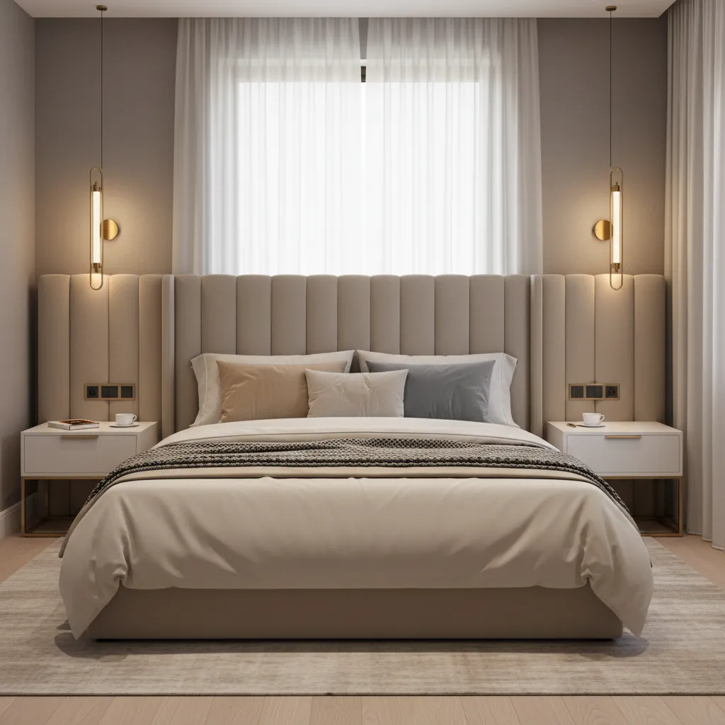 Hotel bedroom bedside wall sconces mounted beside a large upholstered headboard