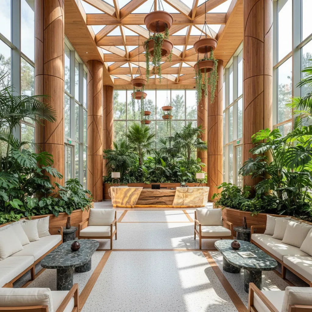 Espacio hotelero con diseño biofílico y vegetación interior