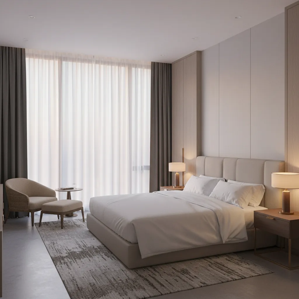 Hotel bedroom interior with layered sheer and blackout curtains covering large window