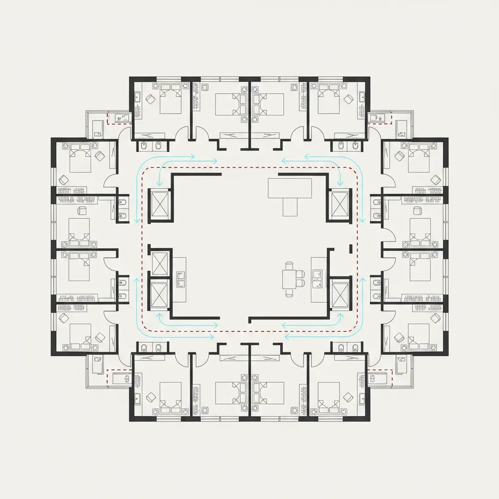 diagram showing separation between guest circulation and service circulation in hotel floor plan