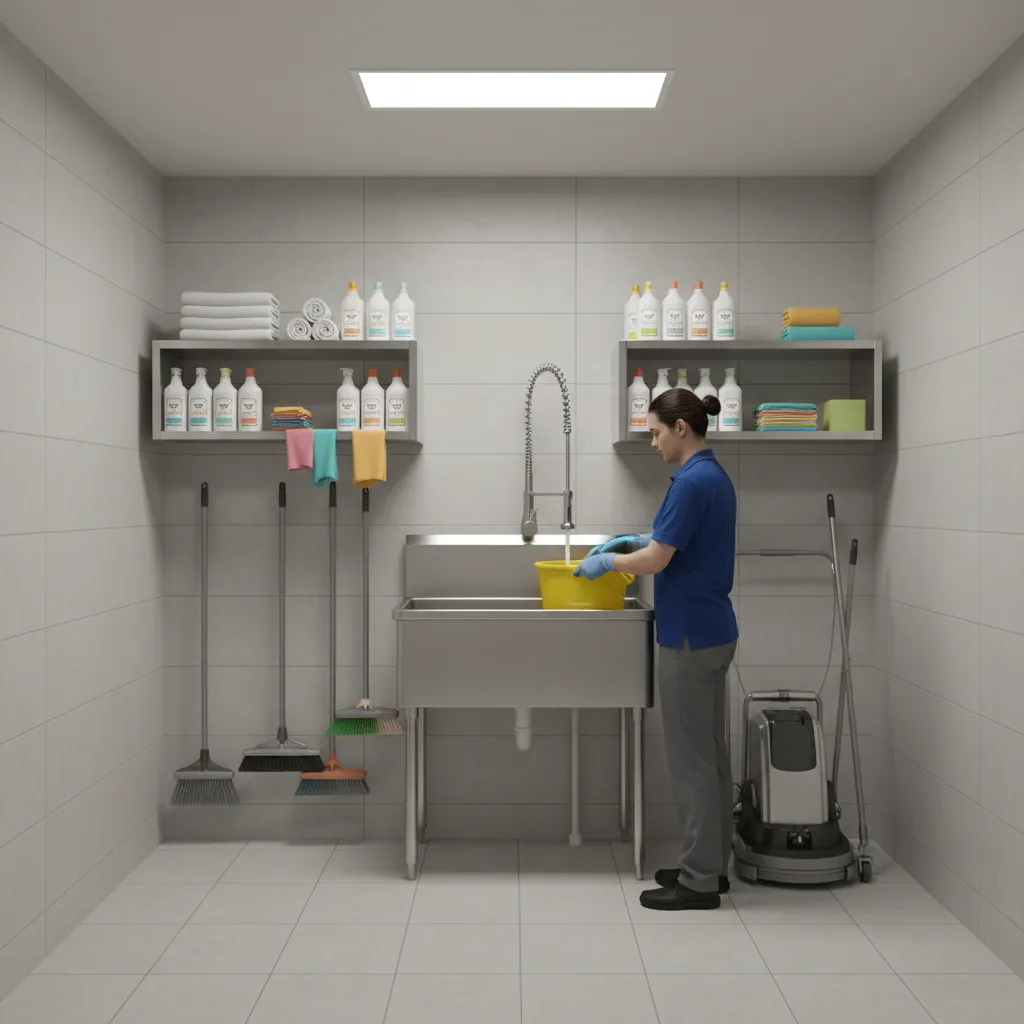 Hotel housekeeping staff disinfecting cleaning bucket in utility sink area