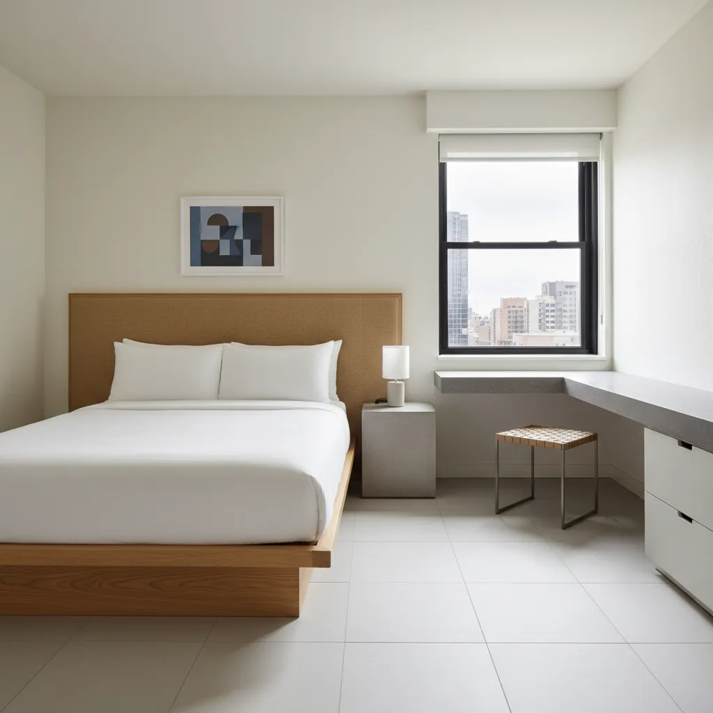 Minimalist bedroom design with wooden bed, white sheets, small stool, desk, window, and white walls