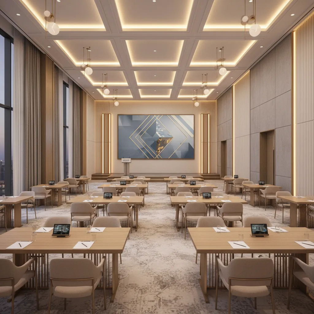 Hotel conference seminar hall with flexible seating and stage