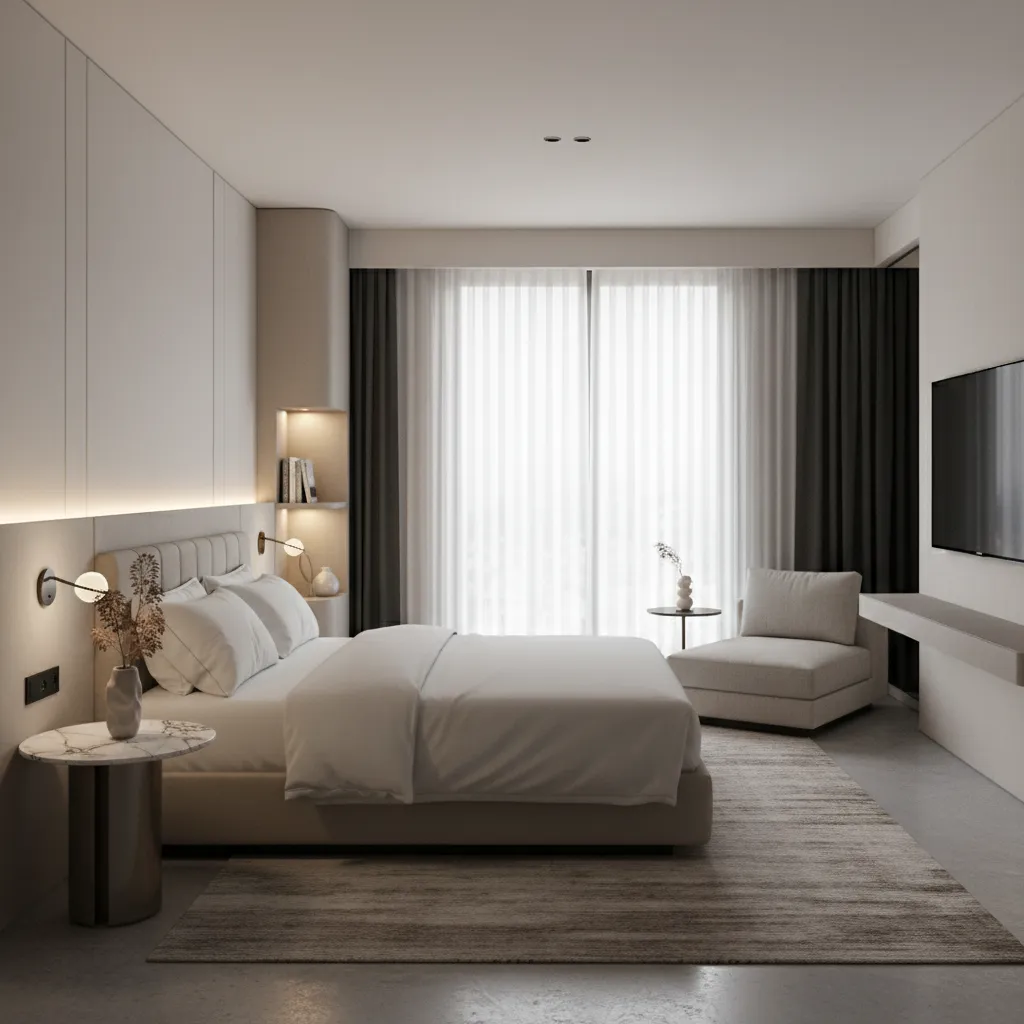 Hotel room corner shelf with integrated LED accent lighting
