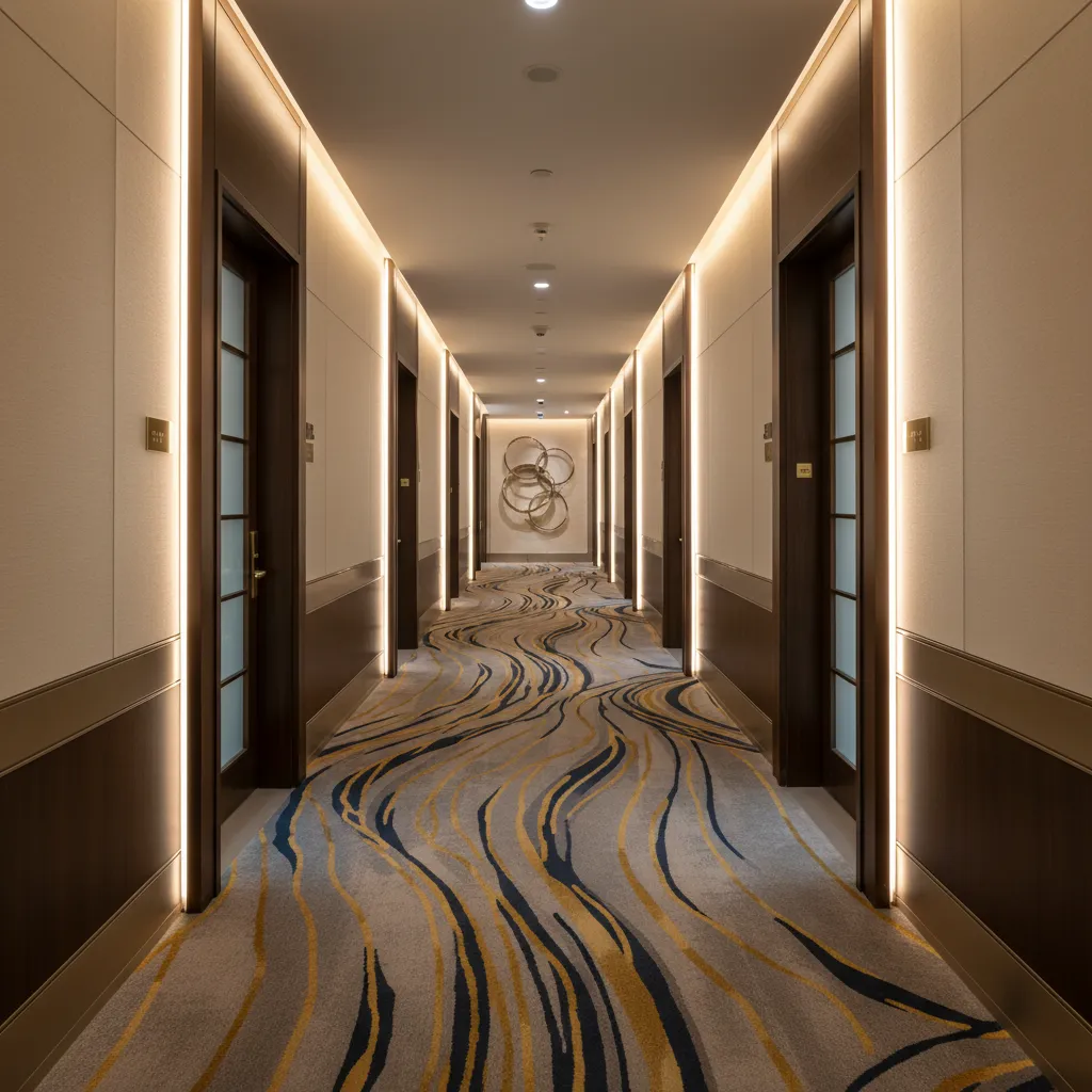 Hotel hallway with patterned carpet dark wood doors soft wall lights and circular wall art