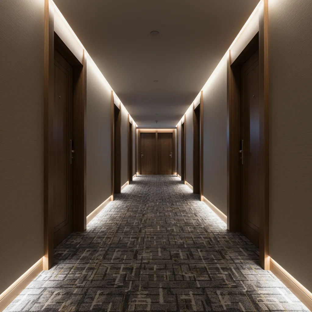 Long hotel hallway with wooden doors, patterned carpet, and hidden lighting along floor and ceiling