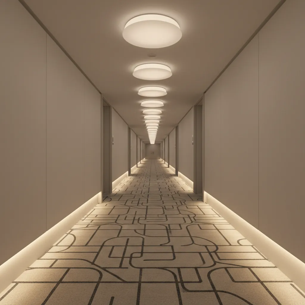Hotel corridor ceiling with dome light fixtures illuminating hallway
