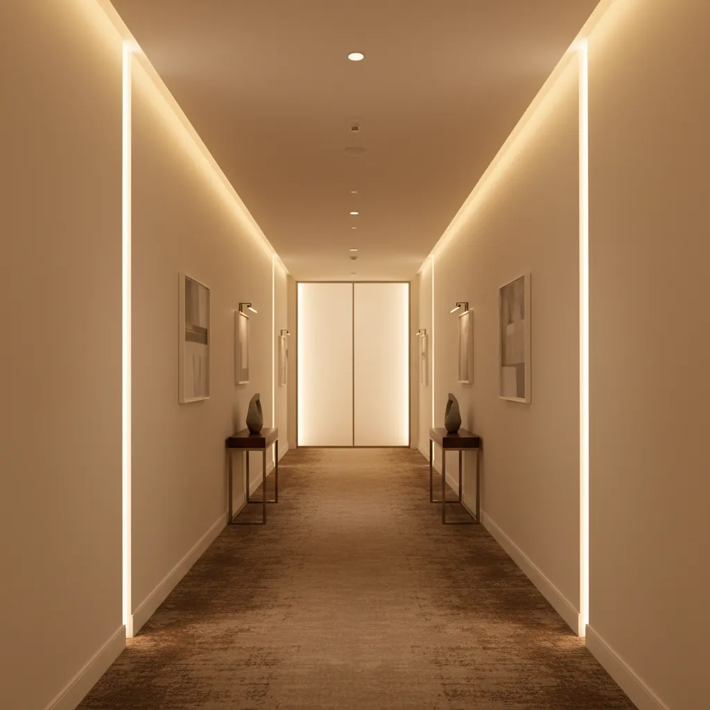 Hotel corridor interior with durable painted walls designed for heavy traffic