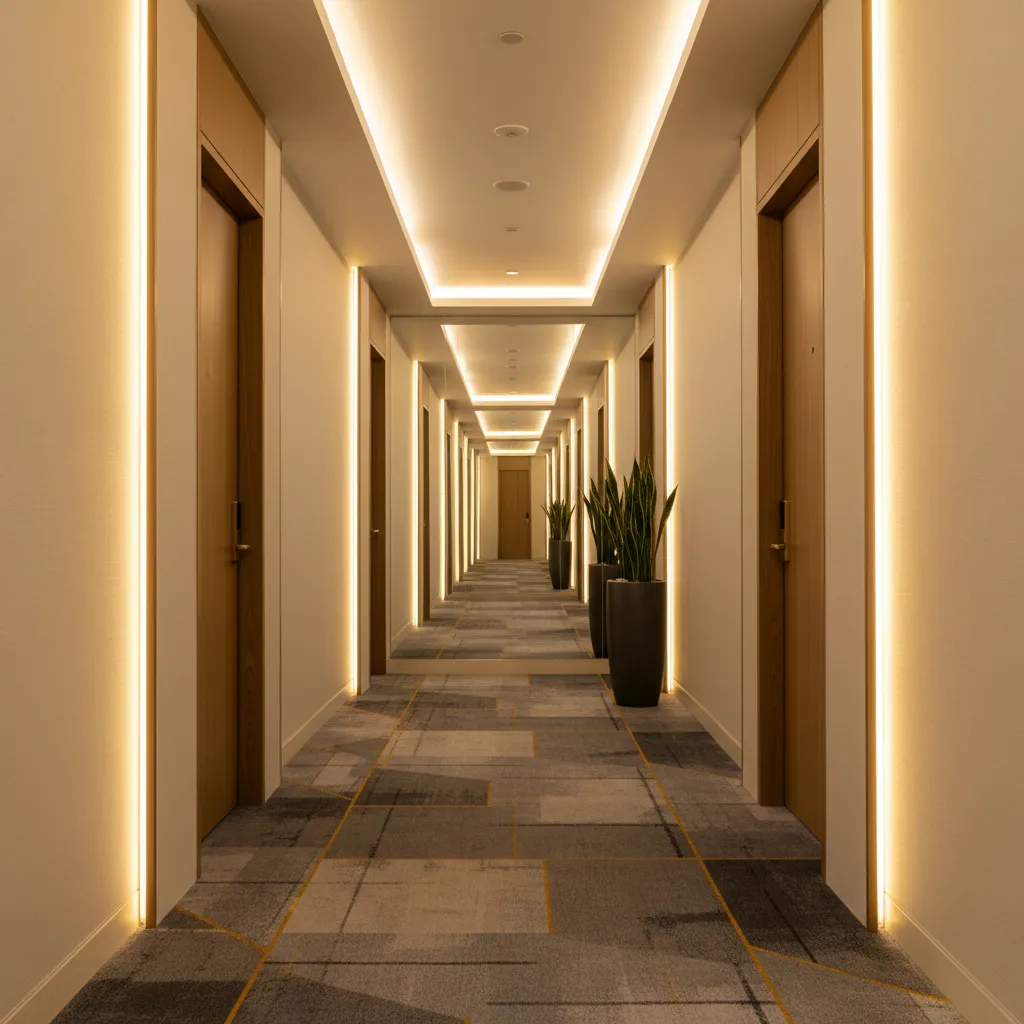 Pasillo de hotel con iluminación arquitectónica moderna