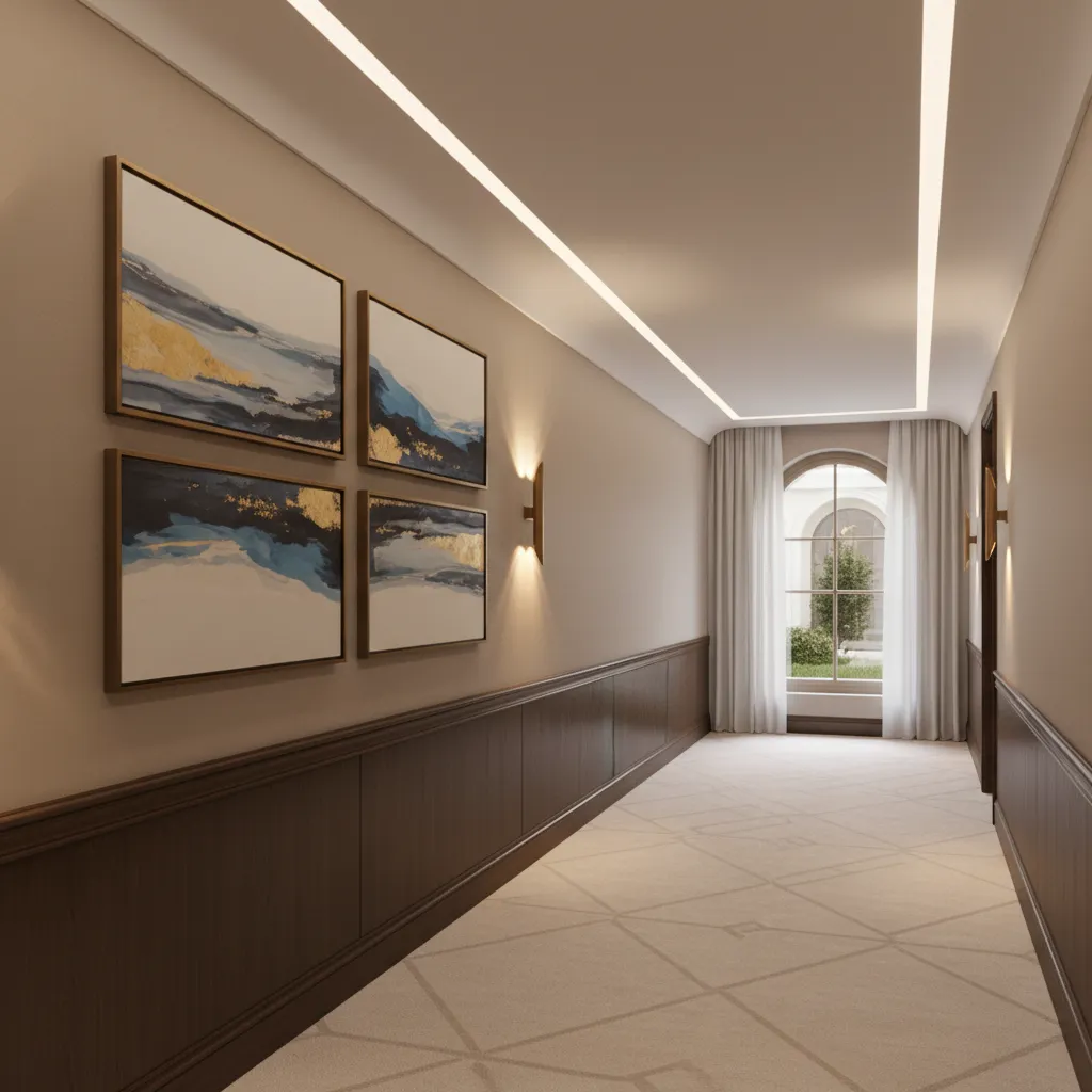 Hotel corridor interior featuring paired artworks used in professional hospitality design