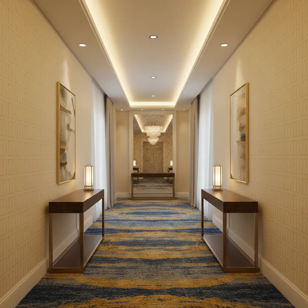 Hotel corridor with durable vinyl wall covering on walls