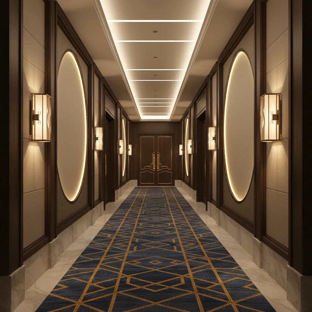 hotel corridor with evenly spaced decorative wall lights