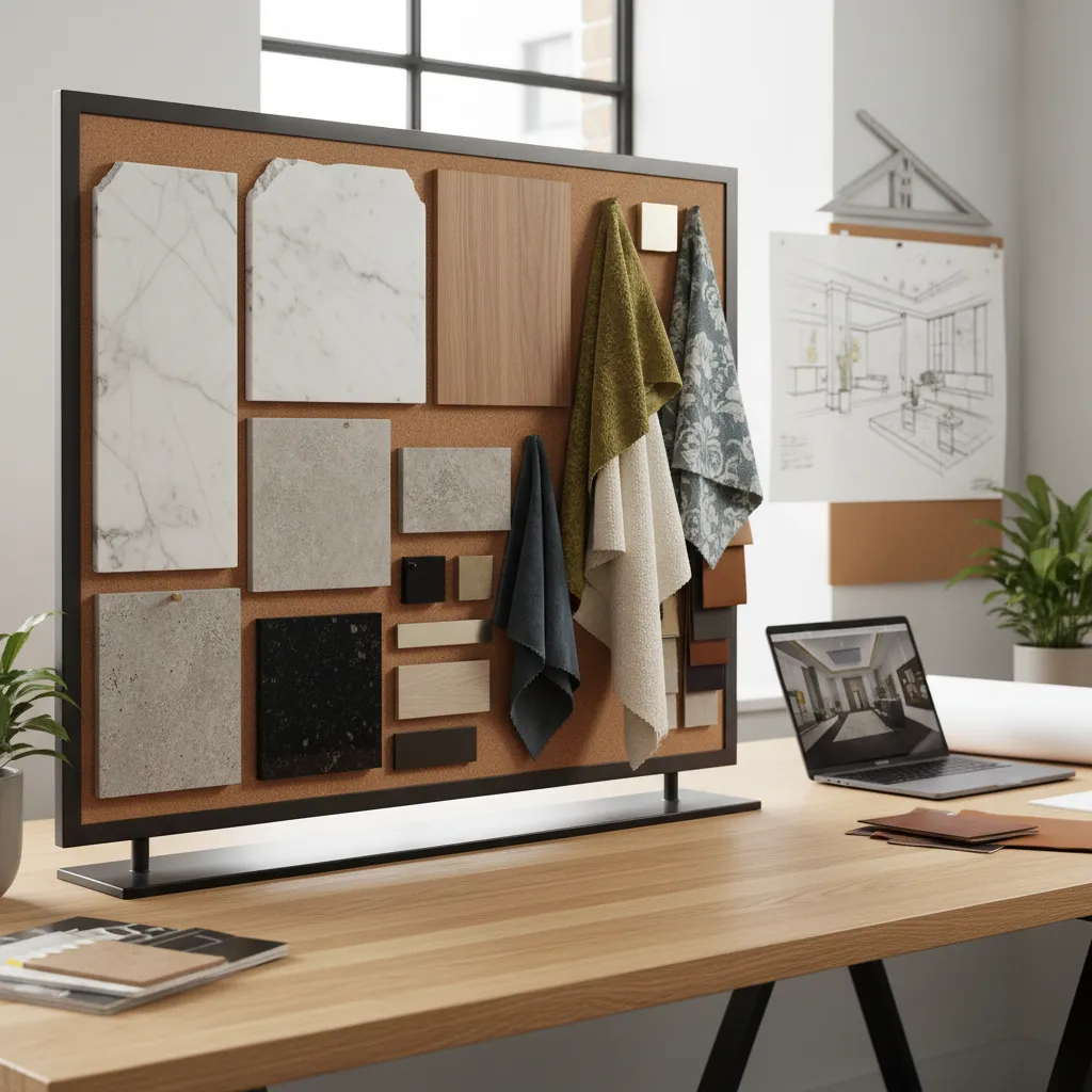 Interior design board with material samples and fabric swatches on desk next to open laptop