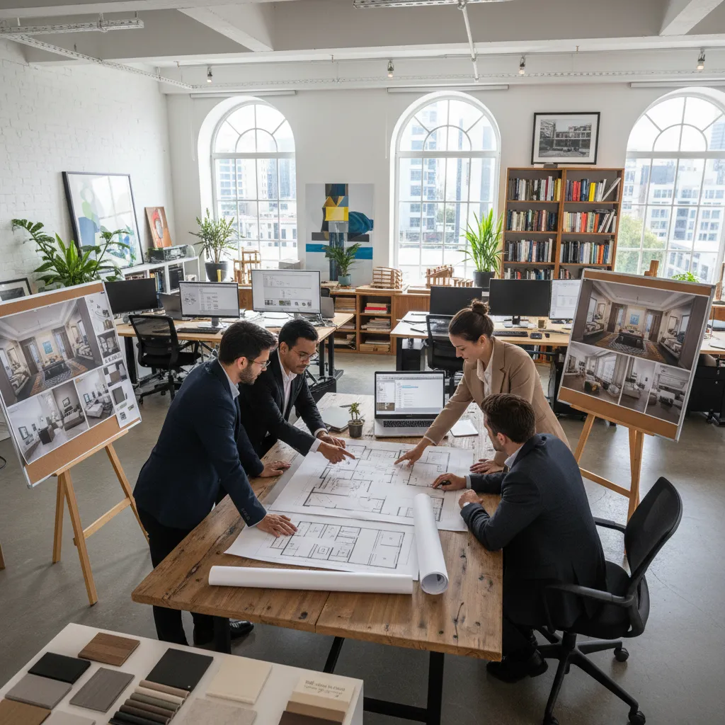Diseñadores de interiores trabajando en planos y renders de un proyecto hotelero