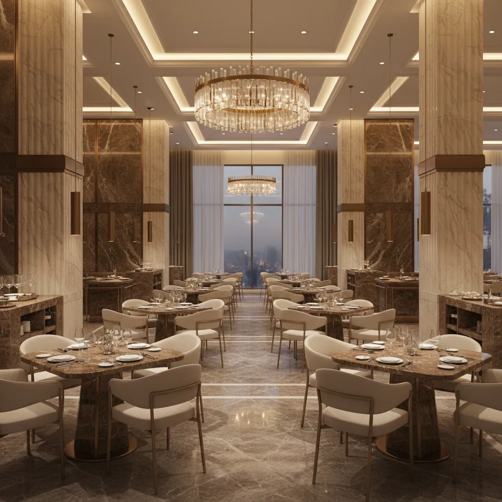 Elegant hotel dining room with brown marble dining tables and luxury chairs