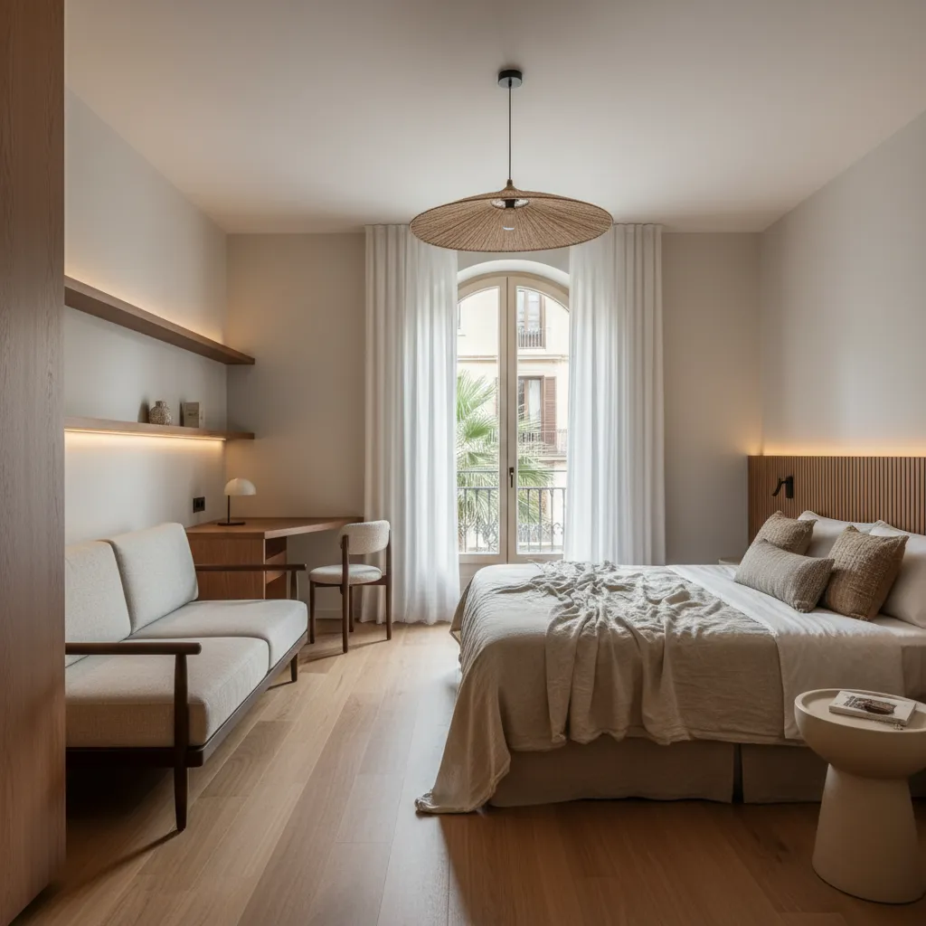 Habitación de hotel con diseño minimalista y materiales naturales
