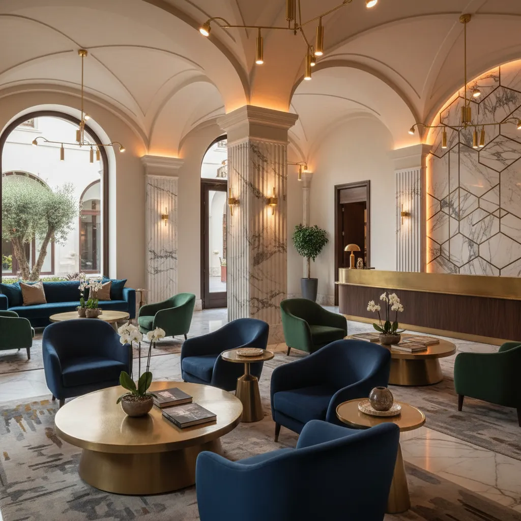 Luxury hotel lobby with arched ceilings marble columns blue armchairs gold tables and reception desk