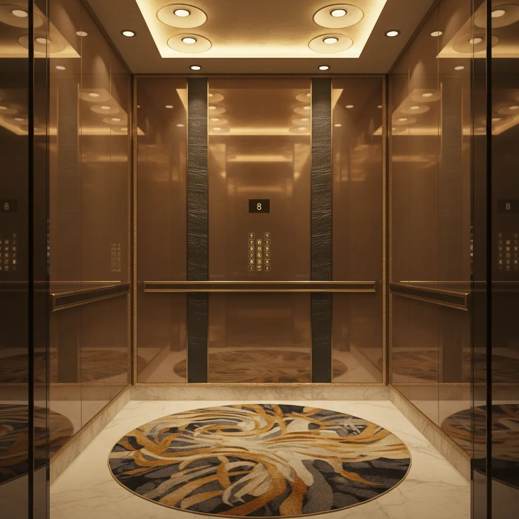 hotel elevator interior with warm lighting and mirror panels