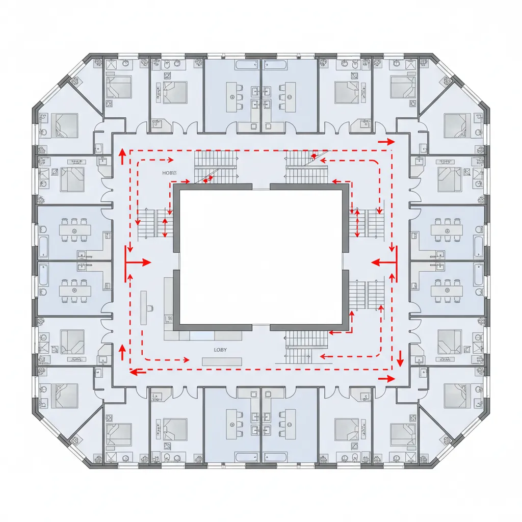 hotel floor plan diagram showing stair cores and evacuation routes