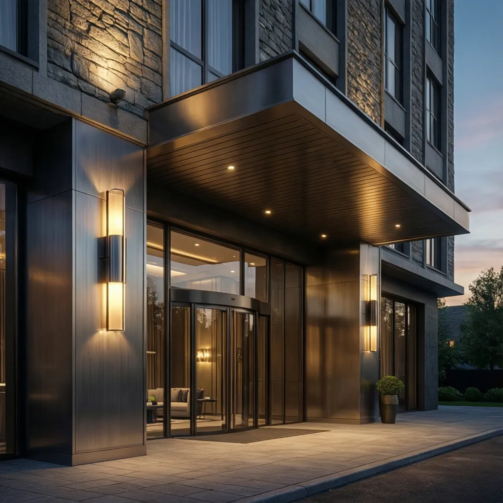 Modern hotel facade with brushed nickel wall sconce lighting