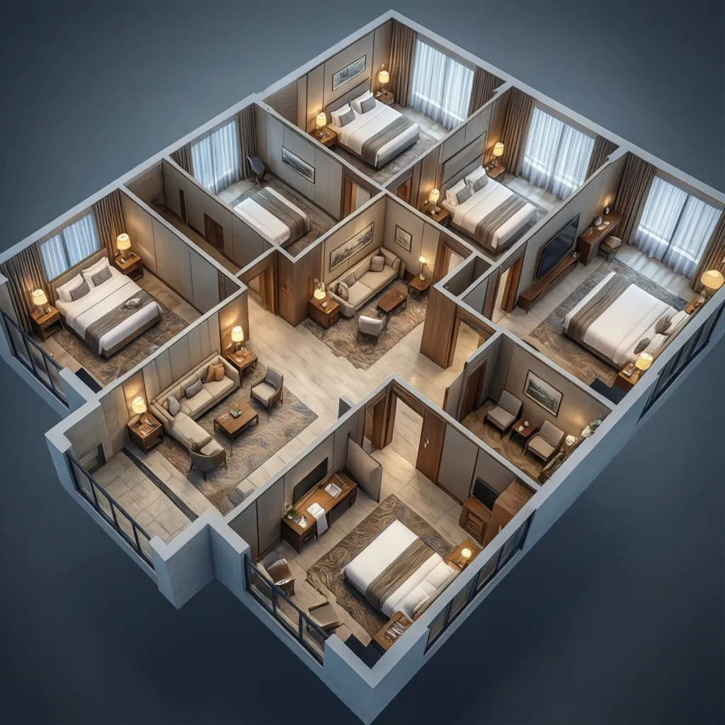 Visualización 3D de la distribución de un hotel con habitaciones y pasillos
