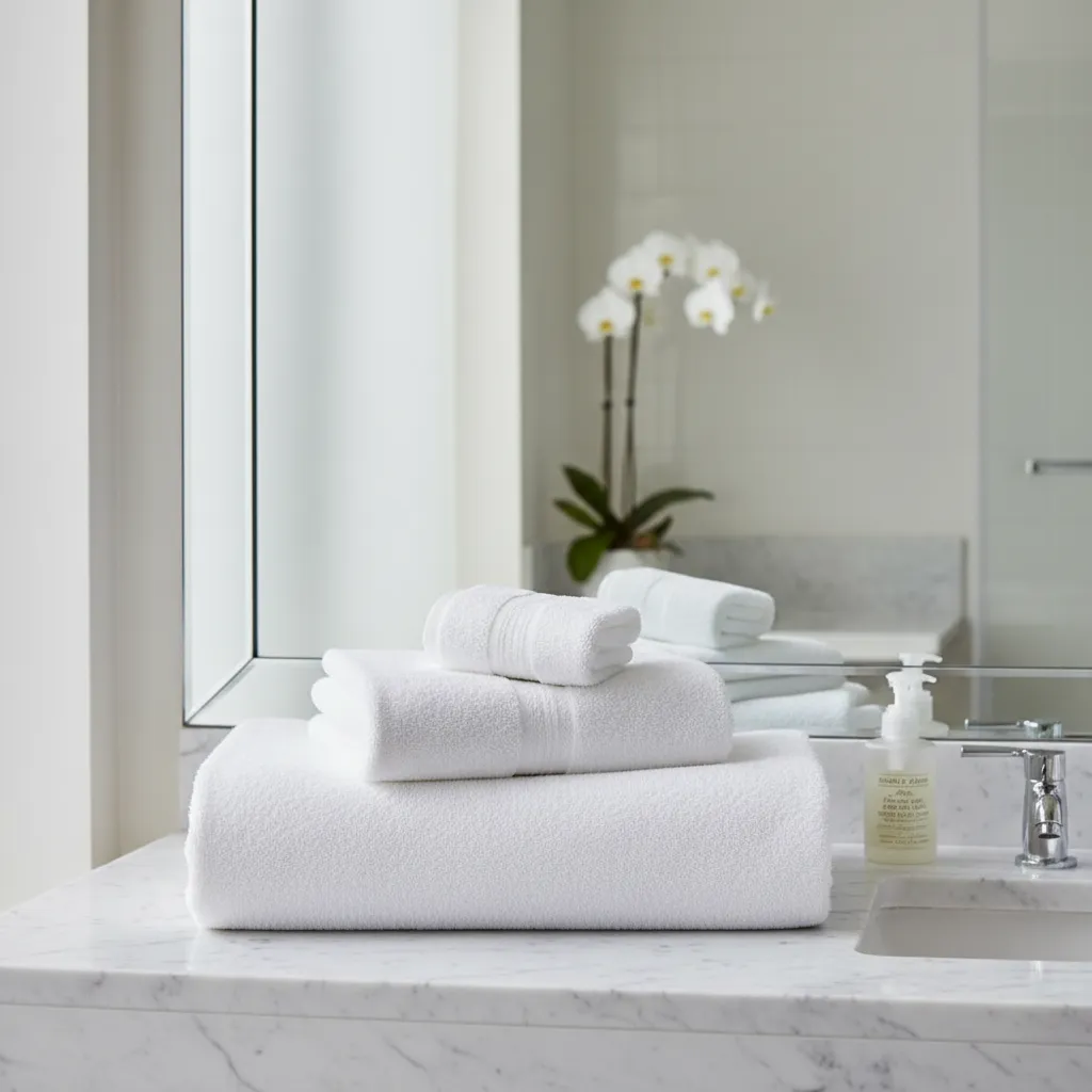 Stack of neatly folded hotel style bath towels